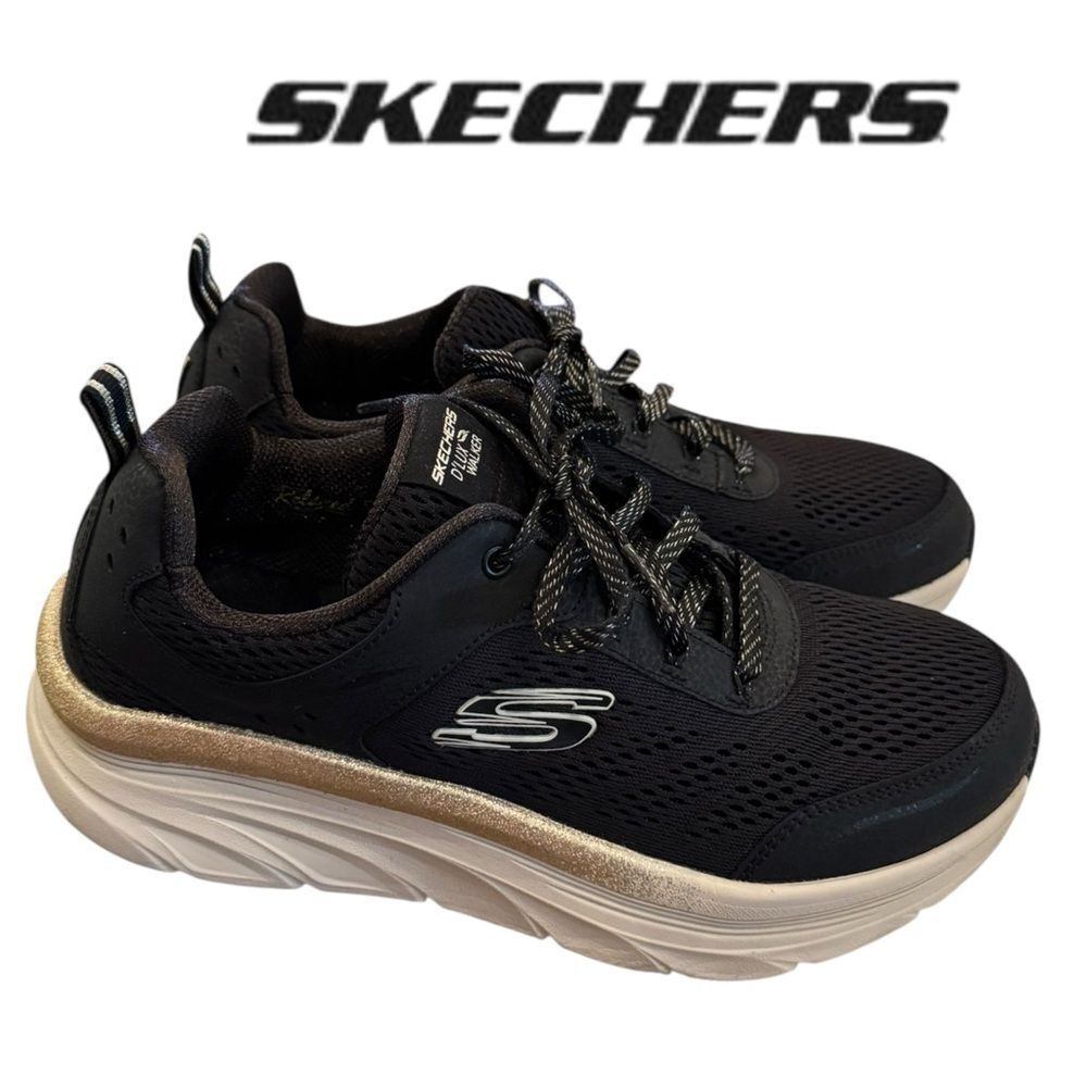 Skechers Women’s D’Lux Walker Black Gold Memory Foam Sneakers 9